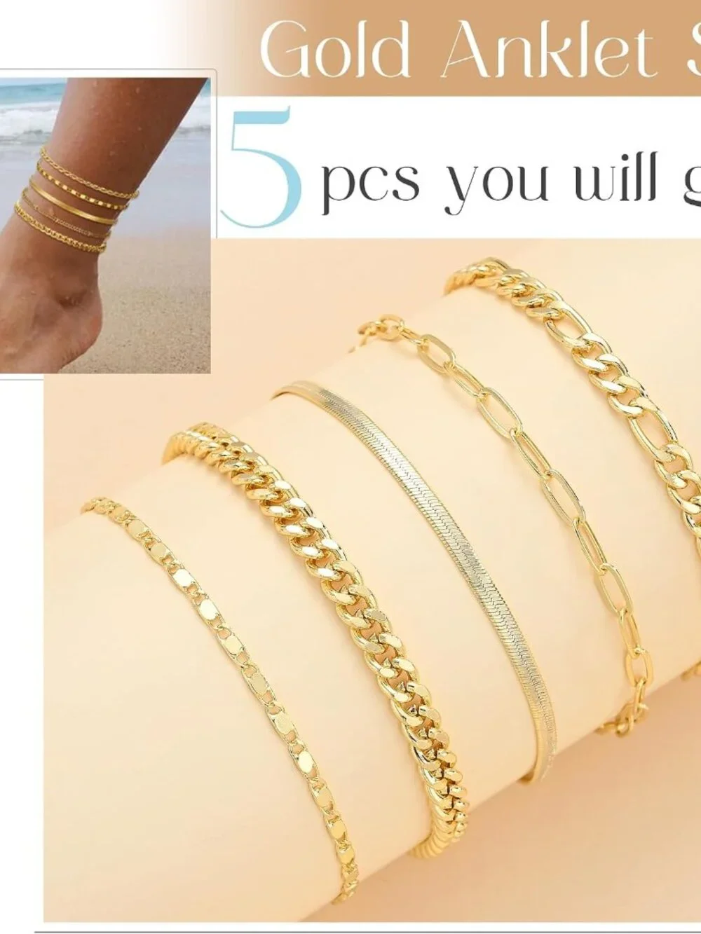 Exquisite 14k Gold Anklet Set - Waterproof Cuban Link Design for Stylish Women